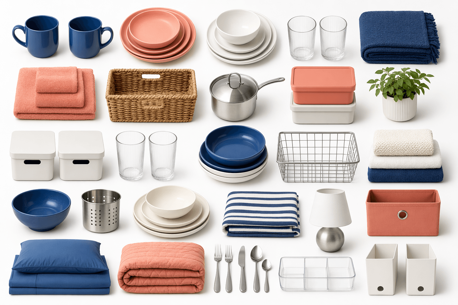 Grid of first-flat moving-in essentials laid out in square modules